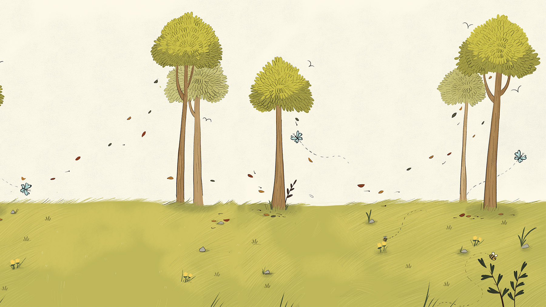 Illustrated woodland meadow with trees (mobile)