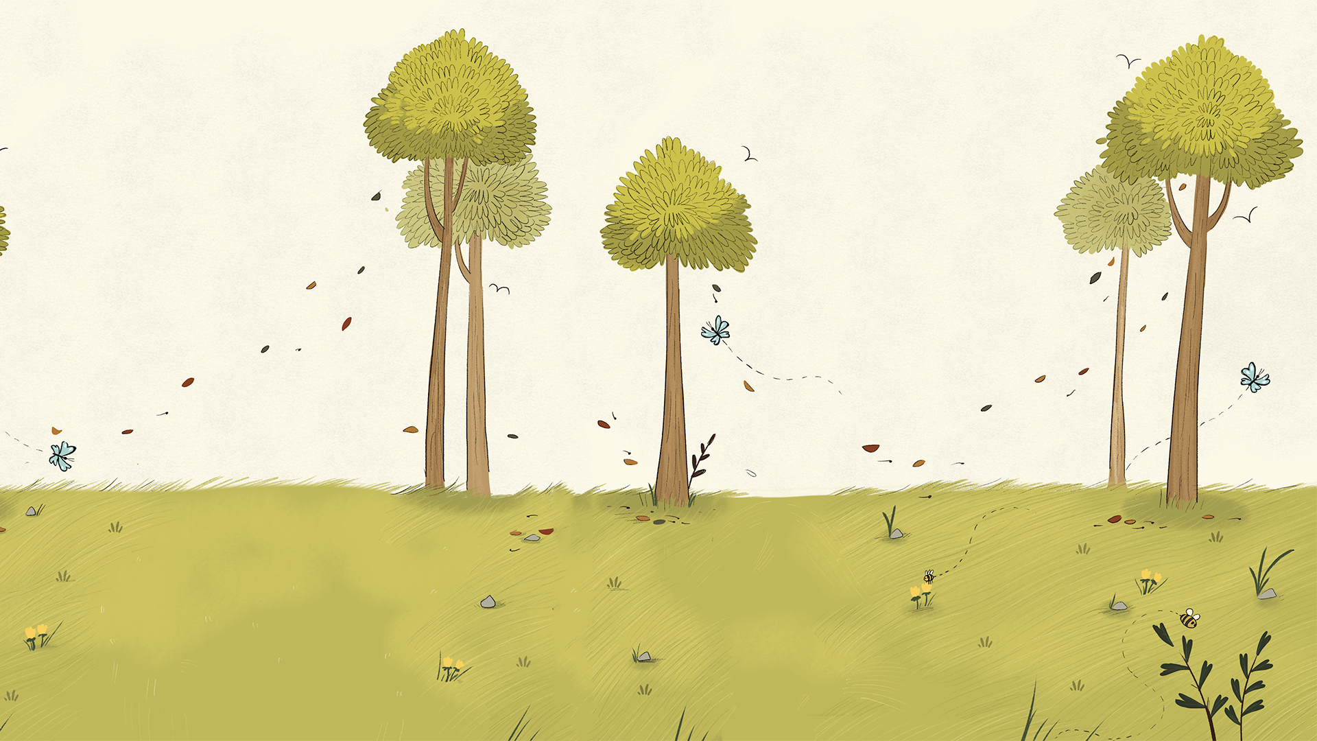 Illustrated woodland meadow with trees (desktop)